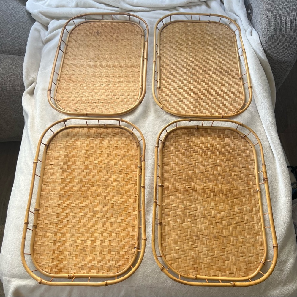 Vtg Lot Of 4 Bamboo Woven Rattan tv Wicker Tiki Bar Serving Trays party stackabl